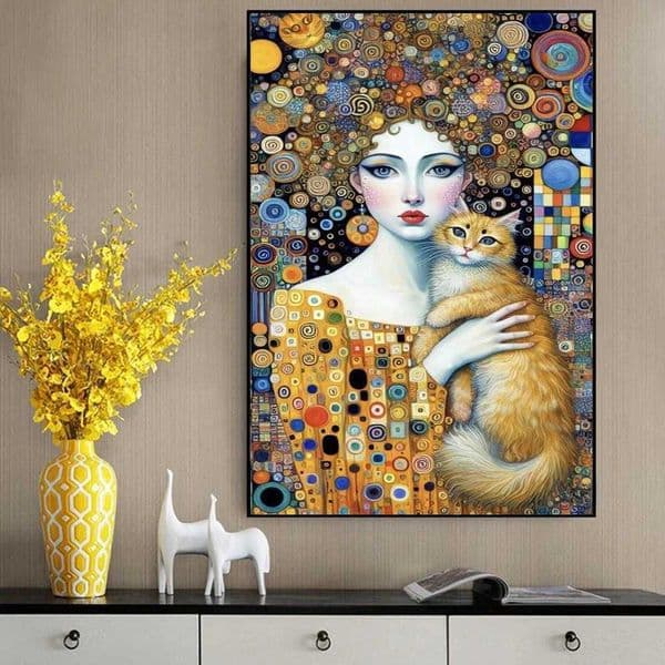 Abstract Woman and Cat Canvas Painting Wall Art Gustav Klimt Art Elegant Girl Poster Prints for Office Living Room Home Decor W241128