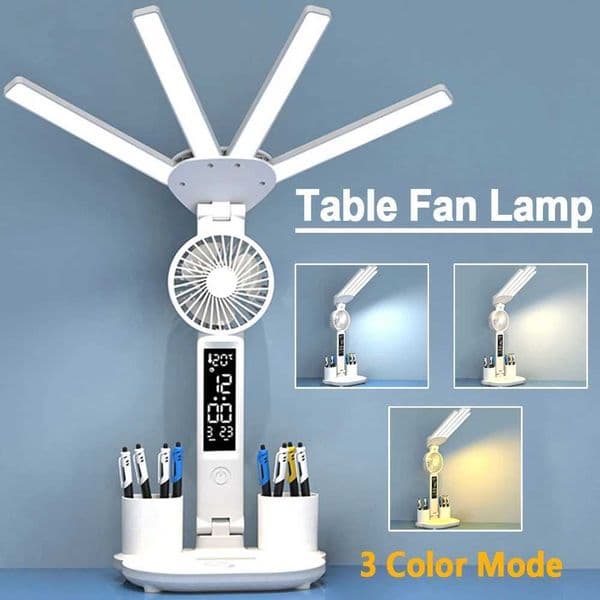 Multifunction LED Table Lamp 4-headed Folding Light with Fan+Calendar+Clock USB Rechargeable Desk Lamp 3 Color Reading Lamp Z241130