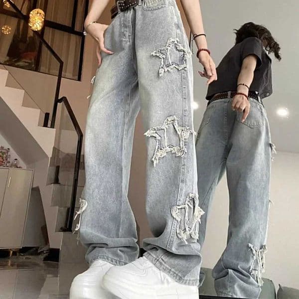 Women's Jeans American retro star blue high waist straight wide leg Trouser trendy bag womens jeans Z260313