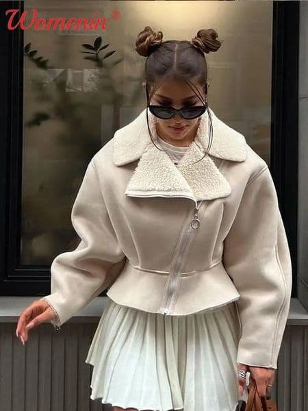 Lamb Wool Turndown Collar Short Jackets Women Solid Long Sleeve High Waist Tops Female Autumn Winter Fashion Streetwear Lady 240124