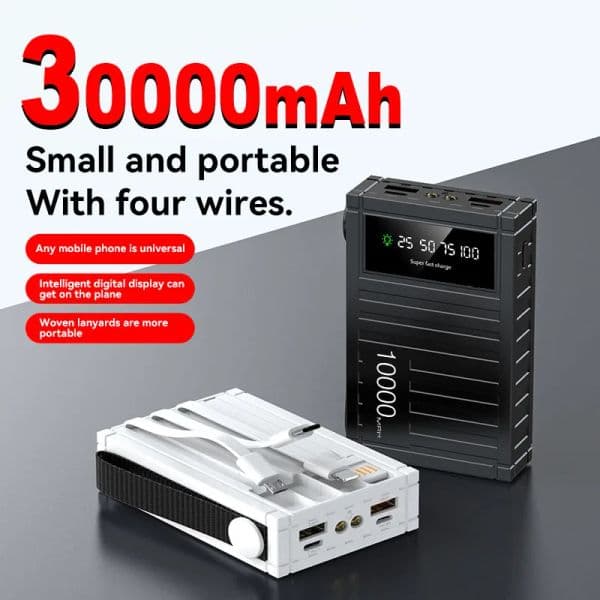 30000mAh Power Bank 66W Super Fast Charging Built in Cables Powerbank With LED Light Portable External Battery For iPhone Xiaomi