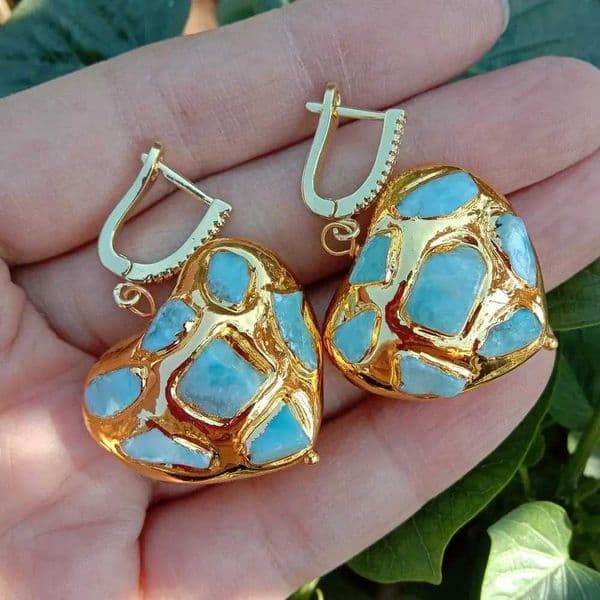 Earrings Natural Blue Larimar Heart Shaped Yellow Gold color Plated Dangle LeverBack Earrings 230831