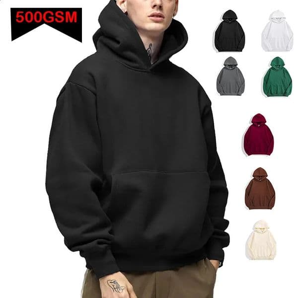 500GSM Heavy Weight Fashion Men's Hoodies Autumn Winter Casual Thick Cotton Top Solid Color Sweatshirt Male 240127