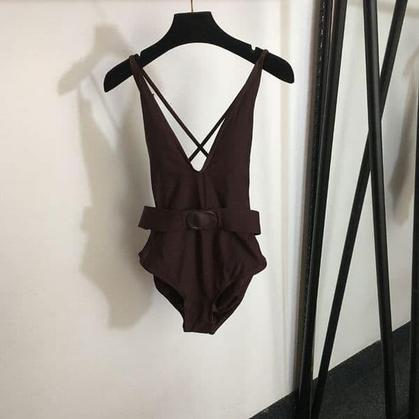 Womens Halter Swimwear Letter Belt Designer Bodysuits Coffee V Neck Swimsuits Beach Backless Girls Bathing Suit