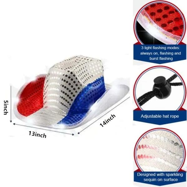 White And Red Blue Patriotic Light Up Cowboy Hats LED Flashing Luminous American Sequin Cowgirl Hat For Western Independence Day Party Supplies