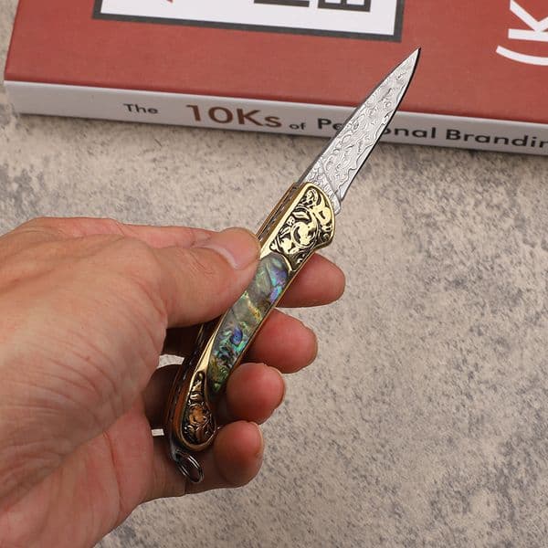 A2277 Damascus Folding Knife Damascus Steel Blade Abalone Shell with Engraved Copper Head Handle Small EDC knife Pocket Gift Knives with Nylon Bag