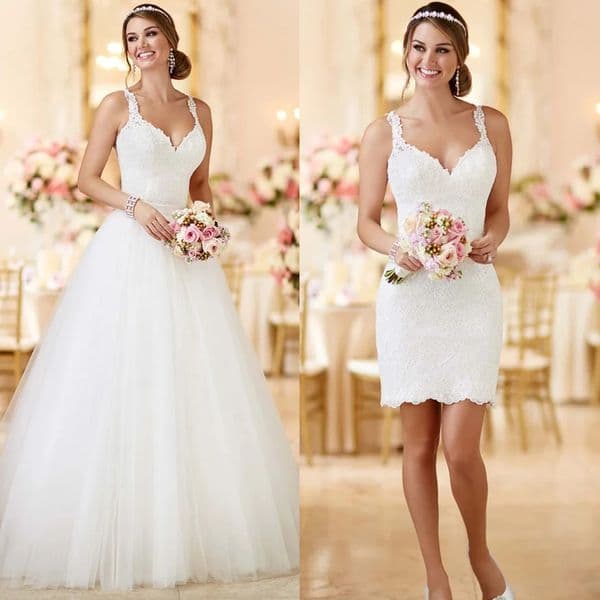 2 In 1 Beach Wedding Dress With Detachable Skirt See Through Back Long Tulle Bridal Gown Lace Appliques Sleeveless Straps Short Vestidos De Mariee Youmaidress