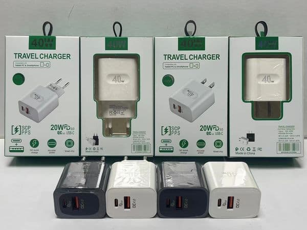 A+C 40W Type-C and QC 3.0 Fast Wall CellPhone Charger US EU Plug for IPhone Xiaomi Huawei all smart Phone with box package