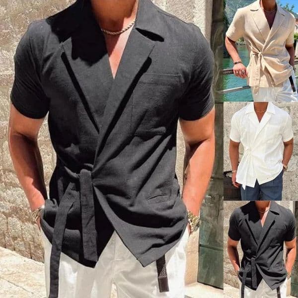 Summer Solid Color Male Short Sleeved Shirt Lapel Strap French Elegant Gentleman Loose Casual Simple Tops Mens Clothing 240219