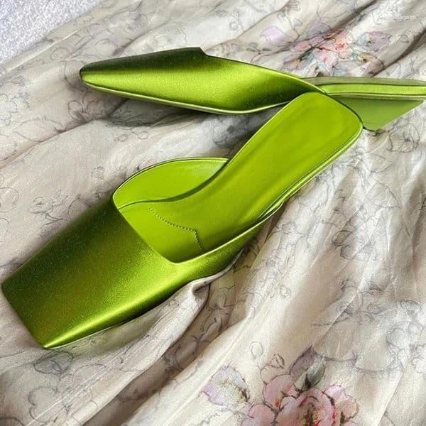 Slippers Green Satin Low Heel Ladies Summer Square Toe Slip-On Mules Elegant Shoes For Women Designer Pumps atos De Mujer