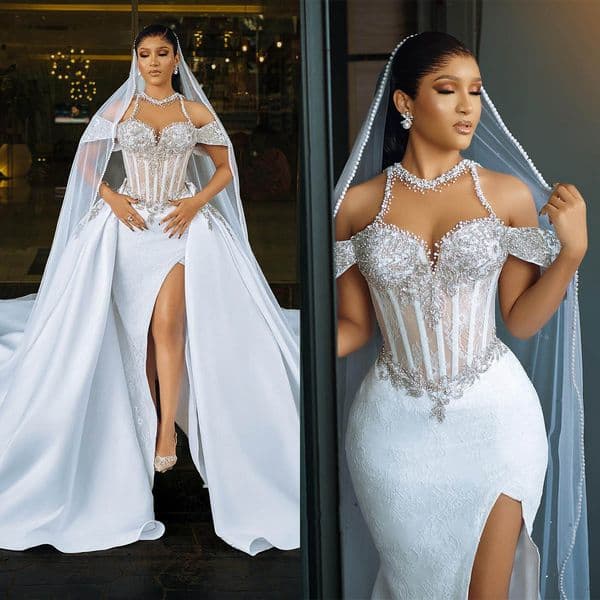 Exquisite Crystal Bridal Gowns Pearls Lace Wedding Dress With Overskirts Custom Made Off Shoulder Rhie Side Split Vestido De Novia 0218