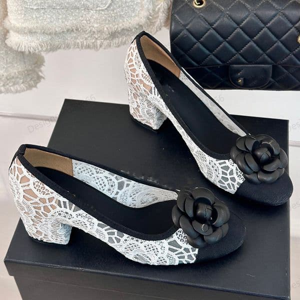 Designer Lace Satin Lambskin Ballet Flats Womens Dress Shoes Classic Pumps Netting Patchwork Slingbacks Camellia Sandal Round Toes Slip On Mary Jane Shoes 1.5cm