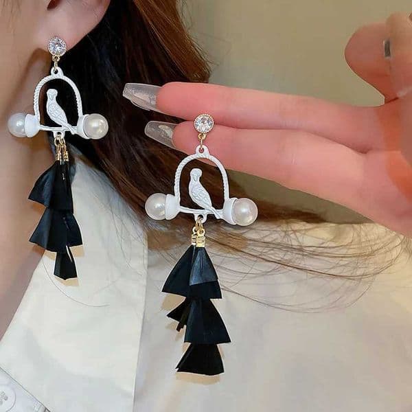 Earrings Minar Exaggerated White Color Bird Birdcage Black Color Feather Rhinestones Pearl Long Tassel Dangle Earrings for Women 230831