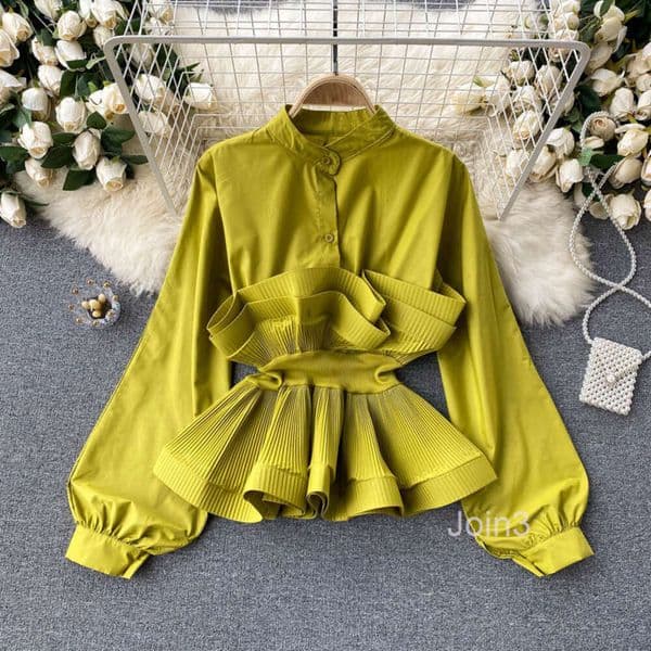 Long sleeve shirt womens sense of design small crowd three dimensional pleated Ruffle waist show thin temperament versatile spring top women