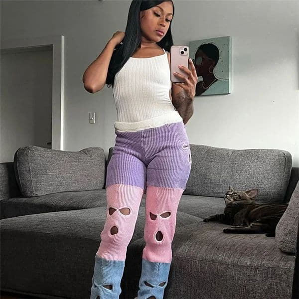 Y2k Hollow Out Knitting Pants For Women Chic Color Block Skinny Long Pants Streetwear Colorful Trousers 240601