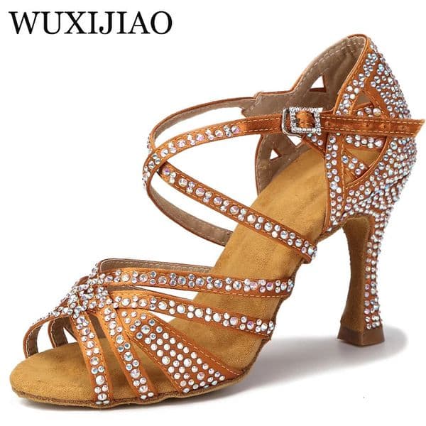Latin dance shoes ladies silk satin shiny rhinestone Cuban high heels 9 cm salsa dance shoes 240607