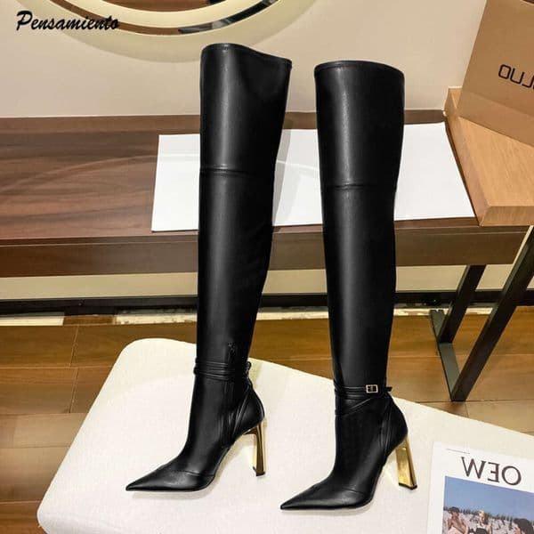 Fashion Autumn Winter Soft Leather Stretch Women Thigh High Elegant Pointed Toe High Heels Over The Knee Boots Party Shoes