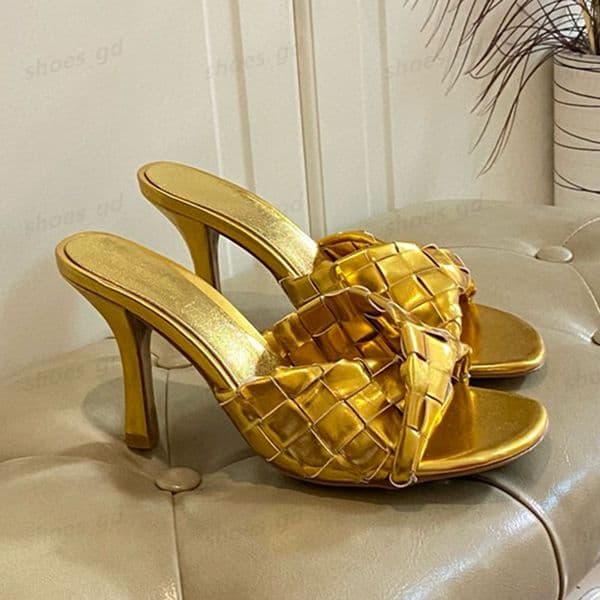 Top quality Lympia slides womens leather weave slipper Origami embellished sandals Stiletto Heel mule slippers Luxury designer Holiday fashion shoes 9.5CM