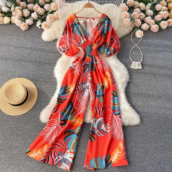 Ins temperament printed V-neck short sleeve Jumpsuit womens high waist slim seaside vacation leisure fashion wide leg pants