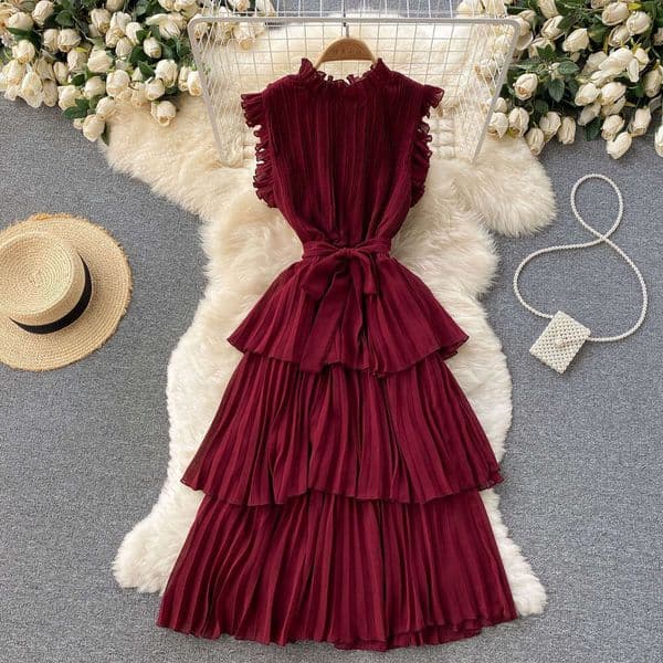 French dress womens heavy industry crimp wood ear edge collar lace up waist thin Ruffle chiffon cake skirt