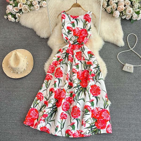 24ss Summer Light Mature Style Round Neck Waist Slim Sleeveless 3D Cut Print A-line Dress Elegant Long Dress
