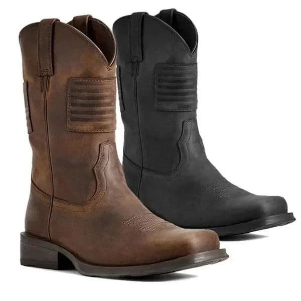 Men Chelsea Boots Square Toe Thick Heel Mid-Tube Knight Retro Boots Distressed Western Vintage Flag Shoes Leather Boots 240612