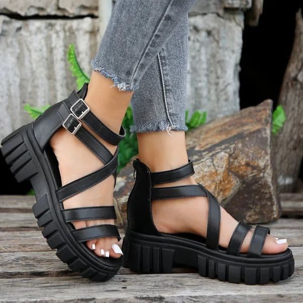 Fashion Chunky High Heels Roman Sandals for Women Summer Ankle Strap Plarform Sandals Woman Strap Thick Heeled Party Shoes 250225BJ