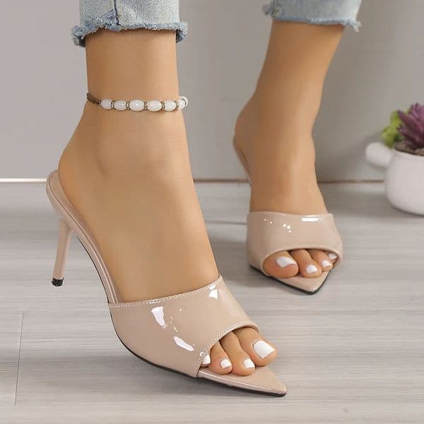 Sexy Nude Super High Heels Sandals Women 2024 Summer Pointed Toe peep toe sandals Woman Patent Leather Thin Heeled Party Shoes 240614