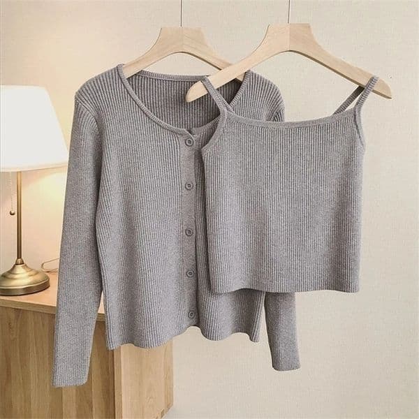Casual Sling Camisole Knitted Cardigan Jacket Women Korean Fashion Basic Vestlong Sleeve Top Solid 2 Piece Set Sweater Oversize 220817