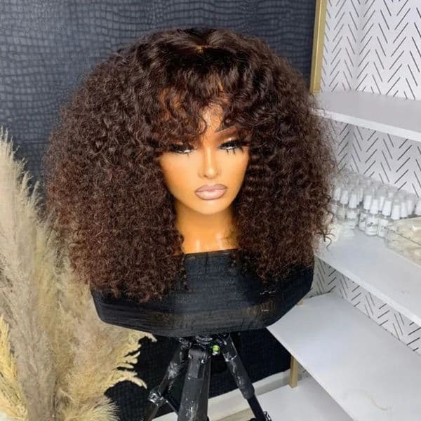 200% Density Short with Bangs Full Lace Front Made Afro Kinky Curly Human Hair Wigs for Black Women Glueless Synthetic Wig