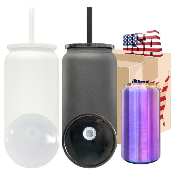 USA warehouse blue-purple plated metal with lids and straws powder coated keep hot & cold 16oz soda beer can tumbler cups for laser engrave 25 pack