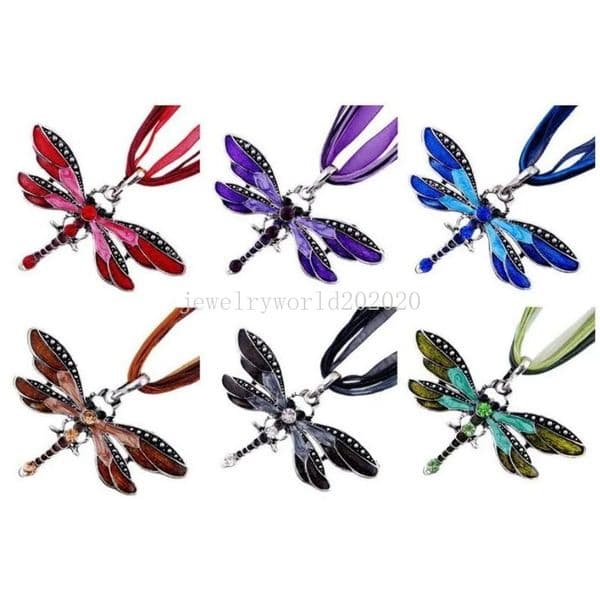 Pendant Necklaces Dragonfly Necklace Vintage Ribbon Cord Purple Red Green Crystal Bead Jewelry For Women Girls Drop Delivery Pendants