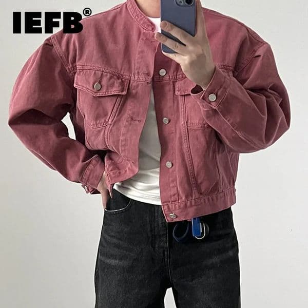 IEFB Fashion Mens Denim Jacket High Street Male Stand Collar Top Solid Color Short Coat Autumn Menwear 9C644 240617