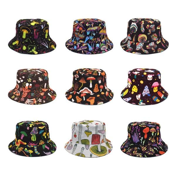 Double-sided Colorful Mushroom Printing Hat Men Women Outdoor Leisure Sunshade Bucket Cap Cartoon Foldable Bob Gorras