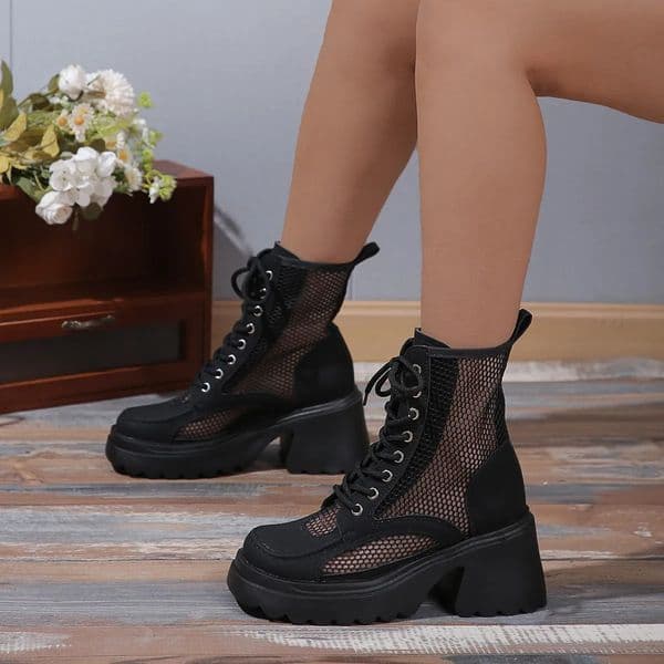 Summer New Fashion Thick High Heels Platform Cross-tied Sewing Cut Out Mesh Genuine Leather Women Ankle Short Modern Boots 2304 250225BJ