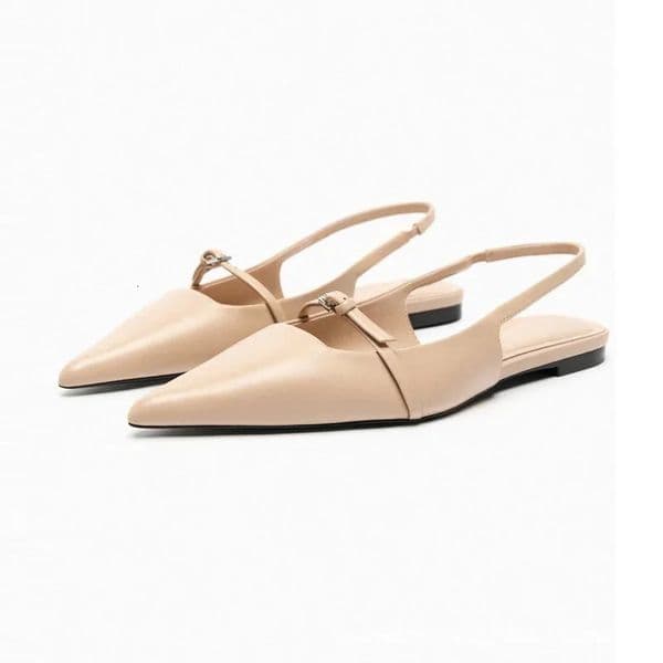 TRAF Womens Slingback Flat Bottom Sandals Summer Leather Pointed End Woman Ballet Shoes ZAZA 2024 Fashion Low-heel Beach Shoes 240620