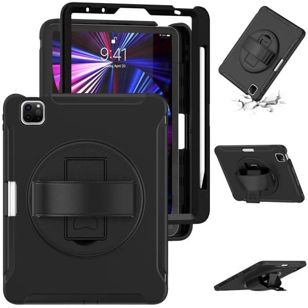 360 Rotation Hand Strap Kickstand Case For iPad Pro 11 M4 M2 2024 Tablet Shockproof TPU + PC Hybrid Protective Cover with Pencil Slot For iPad Air 4 5 10.9inch