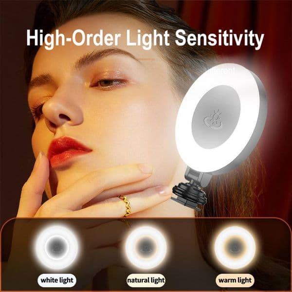 D07 Mini LED Fill Light for Live Beauty Selfies Round Flash Rechargeable Suitable Selfie Pole Camera 1/4 Interface and Buckle