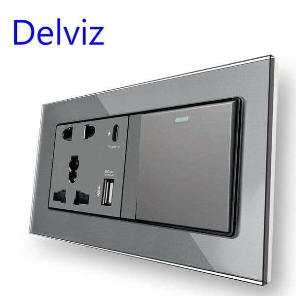 Delviz 16A Wall Light Switch, Type C Interface Socket, 18W 4A Smart Quick Charge,Crystal glass panel, Universal USB Power Outlet