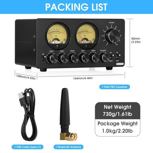 Nobsound EQ5 PRO Mini 5-Band EQ Preamp Stereo Bluetooth Equalizer Home Desk Audio Processor with VU Meter