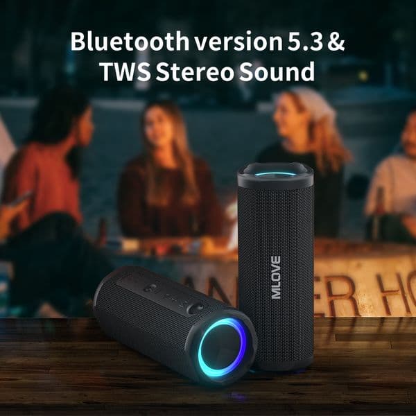 MLOVE P2 Portable Bluetooth Speaker, Bluetooth 5.3, Dual Speakers, RGB Lights, IPX7 Waterproof, TWS Connectivity