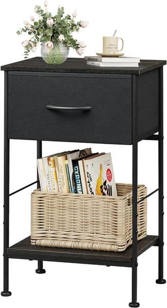 Nightstand, End Table with Fabric Storage Drawer and Open Wood Shelf, Bedside Furniture Steel Frame, Side for B