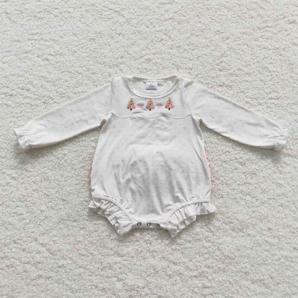 Wholesale Baby Girls Long Sleeves Romper Embroidery Jumpsuit Kids Toddler One-piece Newborn White Bubble Christmas Tree Clothes