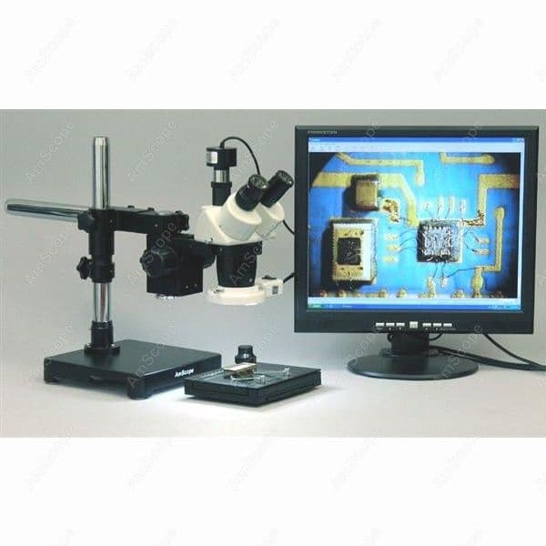 Boom Stand Stereo Microscope--AmScope Supplies 10X-20X-30X-60X Boom Stand Stereo Microscope + Fluo Light + Camera
