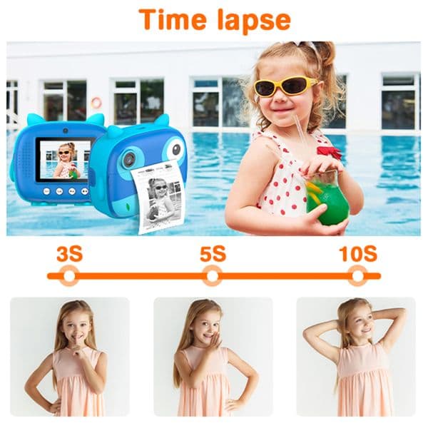 2.5K Cute Kids Instant Camera 12MP Kids Digital Camera Instant Print Camera 2.4in IPS 10X 3Paper Rolls 32GB Card Pens&Sticker