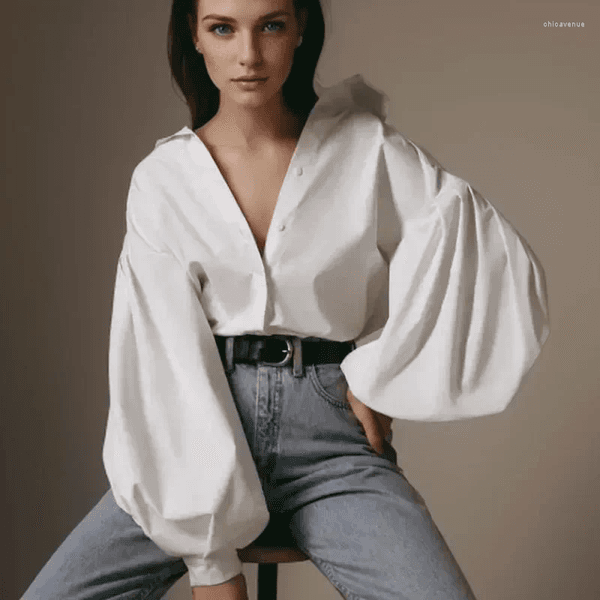 Women's Blouses Fashion Sexy Button White Blouse Women Lantern Sleeve Clothes Elegant Loose Shirt Cotton Office Ladies Tops 10903