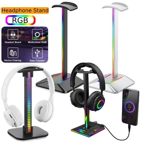 RGB Lights Headphone Stand With Type-c USB Ports 3.5mm Audio Port Desktop Gaming Headset Holder Hanger for All Gamer PC Earphone