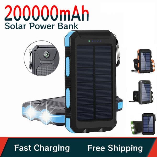 200000mAh Solar Power Bank Fast Charging External Battery 2USB Outdoor Mobile Power Supply Flashlight for Xiaomi IPhone Samsung