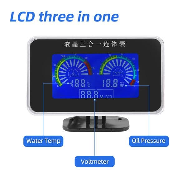 3 IN 1 LCD Gauge Water Temperature+Oil Pressure Meter+Voltmeter with Water Temp Joint Pipe Sensor 26-40mm Hose Adapter for Car