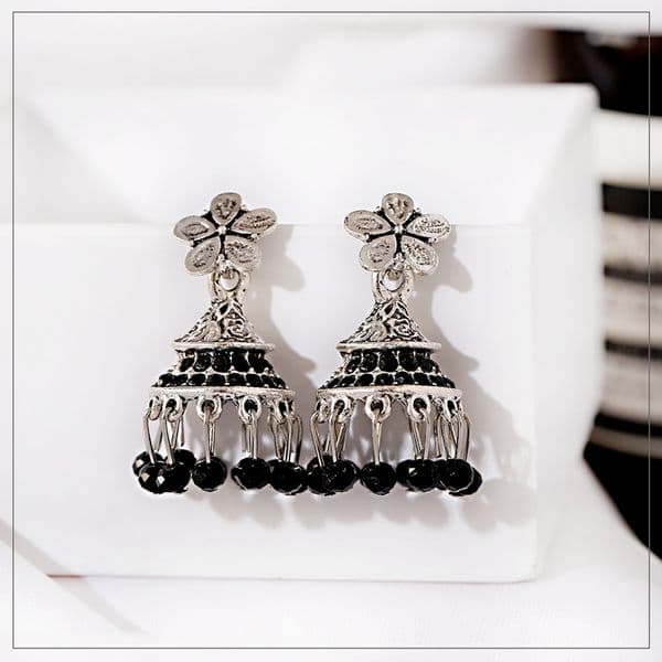 Gypsy Afghan Jewelry Vintage Blue Beads Tassel Flower Silver Color Earrings For Women Indian Jhumka Earrings Pendiente
